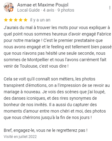 Avis Google sur le photographe mariage Toulouse Fabrice Joubert