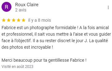 Avis Google sur le photographe mariage Toulouse Fabrice Joubert